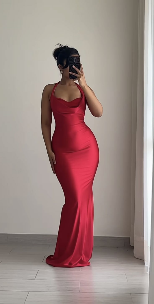Robe de bal fourreau rouge en satin, robe longue d'anniversaire J6090