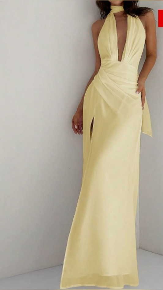 Deep V Neck Yellow Slit Prom Dress Formal Birthday Dress J6095