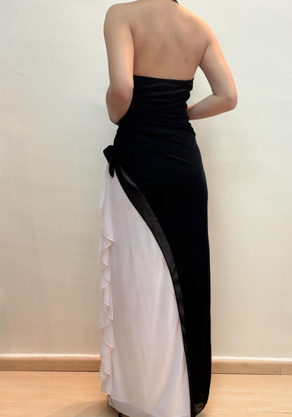 Neckholder Etuikleid Schwarz-Weiß Langes Ballkleid Formales Partykleid J8587