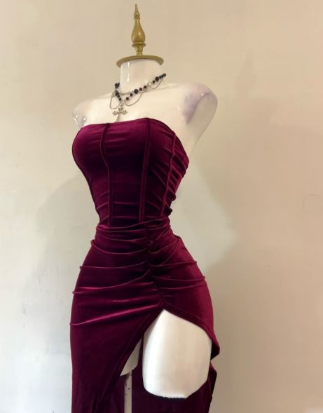 Sexy Strapless Slit Evening Dress Burgundy Birthday Dress Prom Dress J8668