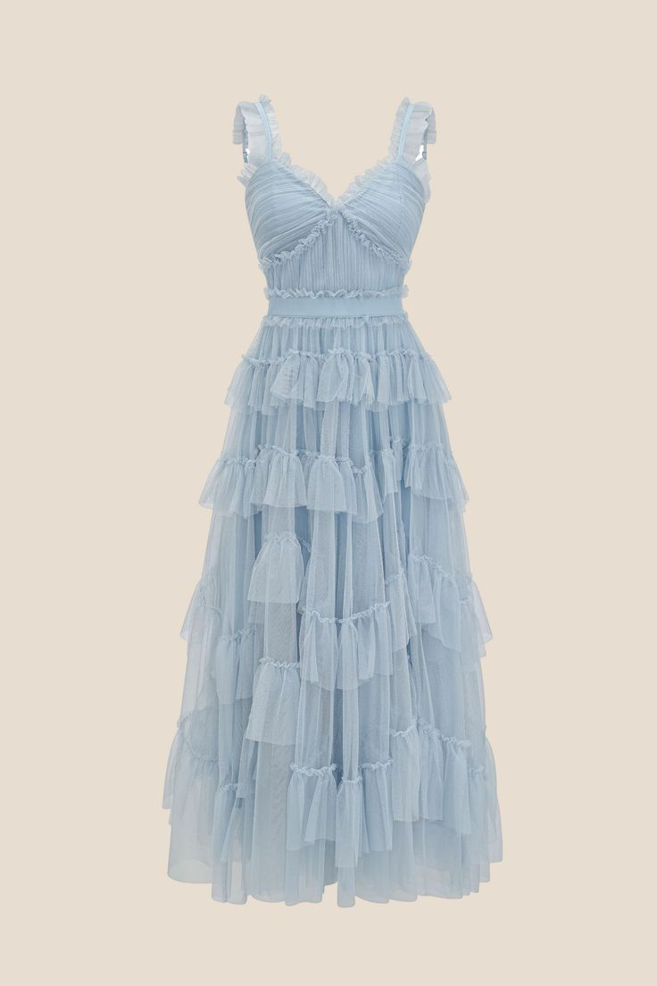 A Line Blue Ruffle Tiered Tulle Prom Dress J6101