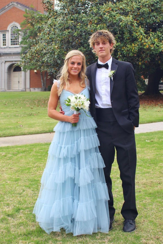 A Line Blue Ruffle Tiered Tulle Prom Dress J6101