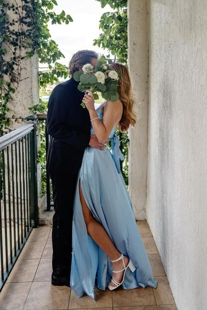 Träger Blaues Satin A-Linie Ballkleid J6103