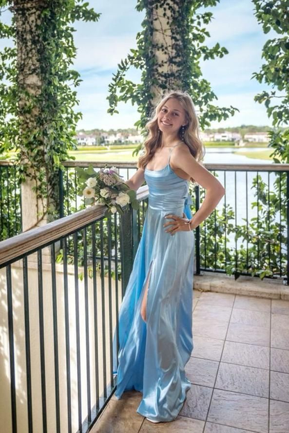 Träger Blaues Satin A-Linie Ballkleid J6103