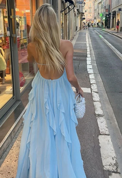 Robe de bal trapèze en mousseline de soie bleue, dos nu, à volants, J6108
