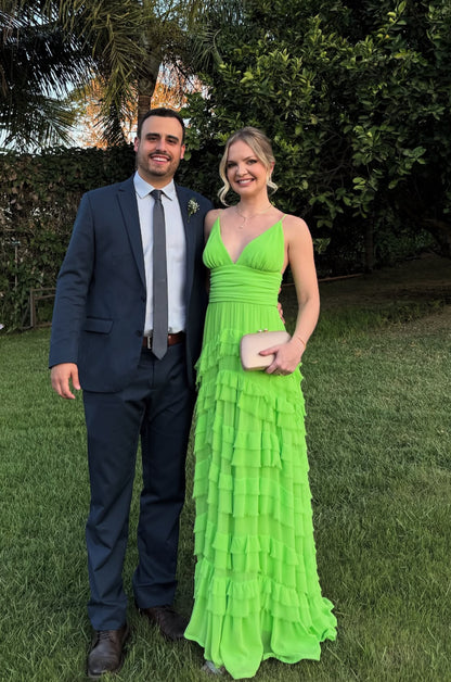 Robe de mariée trapèze verte à bretelles spaghetti et à volants, robe de bal J7762