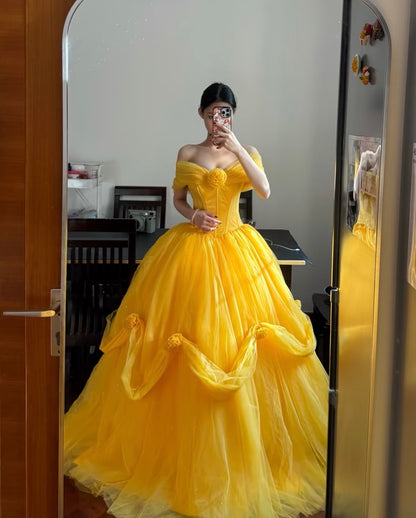 Schulterfreies gelbes A-Linien-Prinzessinnenkleid, formelles Partykleid J6111