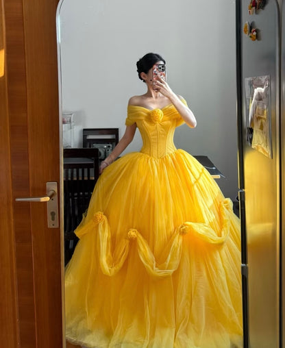 Schulterfreies gelbes A-Linien-Prinzessinnenkleid, formelles Partykleid J6111