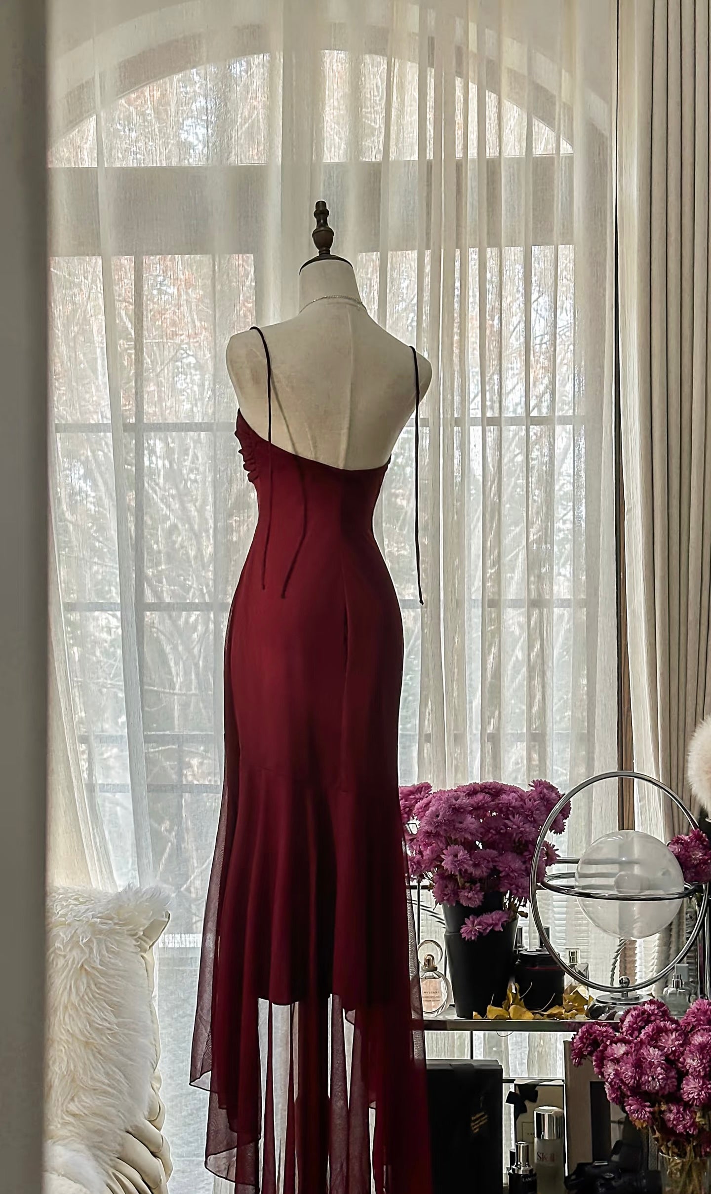 Burgunderrotes Meerjungfrau-Chiffon-Ballkleid, formelles Partykleid J6112