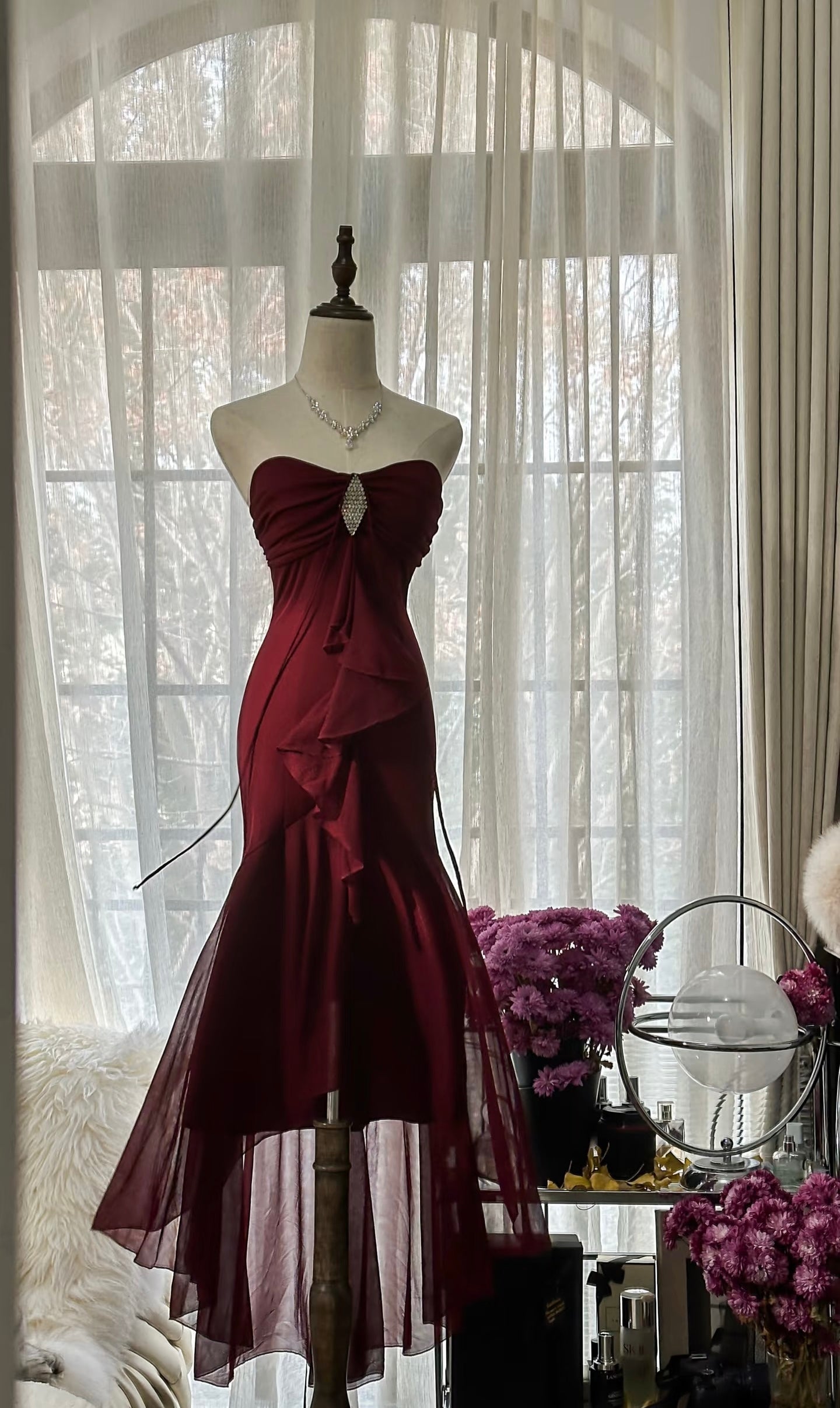 Burgunderrotes Meerjungfrau-Chiffon-Ballkleid, formelles Partykleid J6112