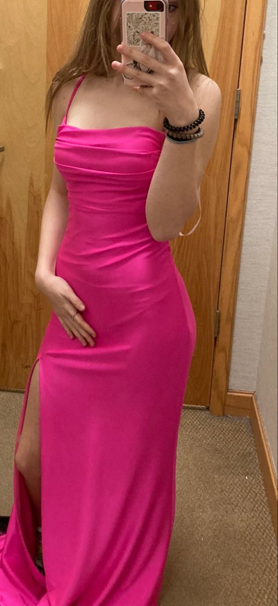 Hot Pink Spaghetti Straps Slit Sheath Prom Dress Evening Dress J6117