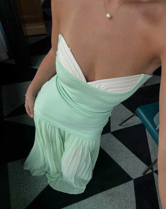 Mintgrünes, plissiertes, langes Ballkleid mit Etuikleid J6114