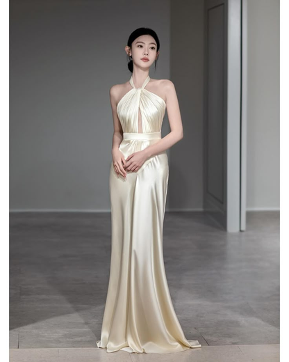 Halter Mermaid Satin Long Prom Dress Formal Party Dress J6127