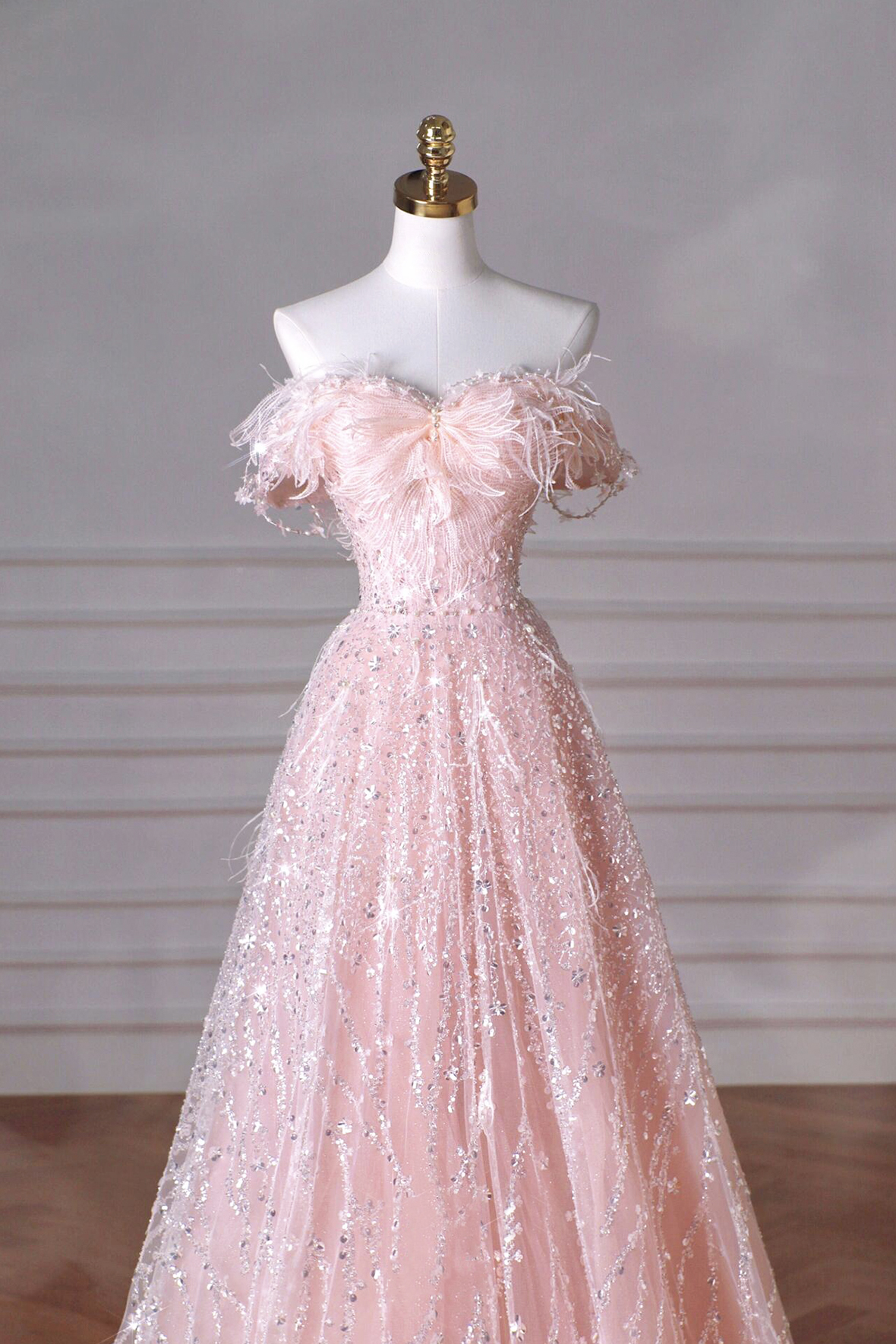 Rosa Tüll Pailletten Langes Ballkleid A-Linie Partykleid J6130
