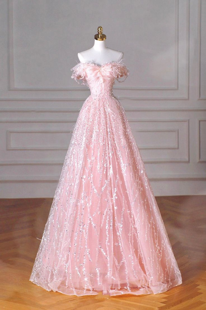 Rosa Tüll Pailletten Langes Ballkleid A-Linie Partykleid J6130