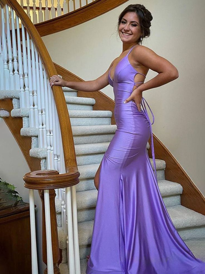 Lilafarbenes Meerjungfrau-Ballkleid mit Trägern und Schnürung am Rücken J6131