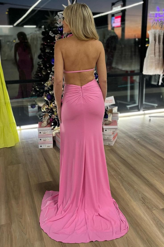 Robe longue sirène rose à dos nu et fente J6135