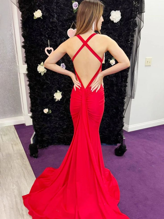 Robe de bal longue en satin rouge style sirène, col en V et dos nu, J6137