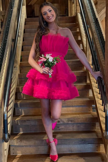 A-Line Strapless Ruffles Tulle Short Homecoming Dress J6982