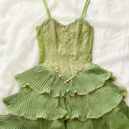 Robe de soirée courte en dentelle verte à volants, coupe trapèze, tenue d'anniversaire J6142