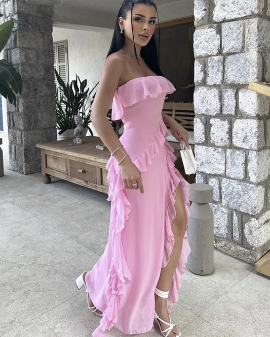 Robe de bal bustier rose fendue à volants, robe de soirée formelle J6155