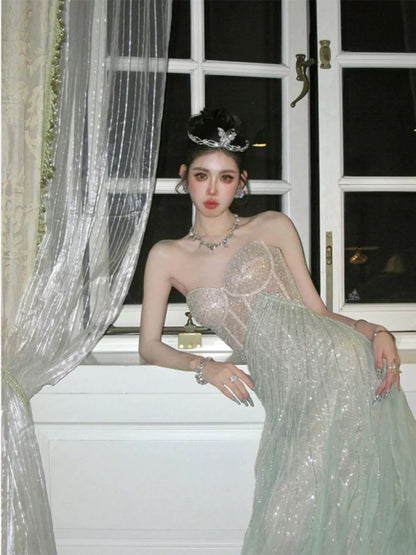 Strapless A Line Tulle Prom Dress Green Formal Evening Dresses J6160