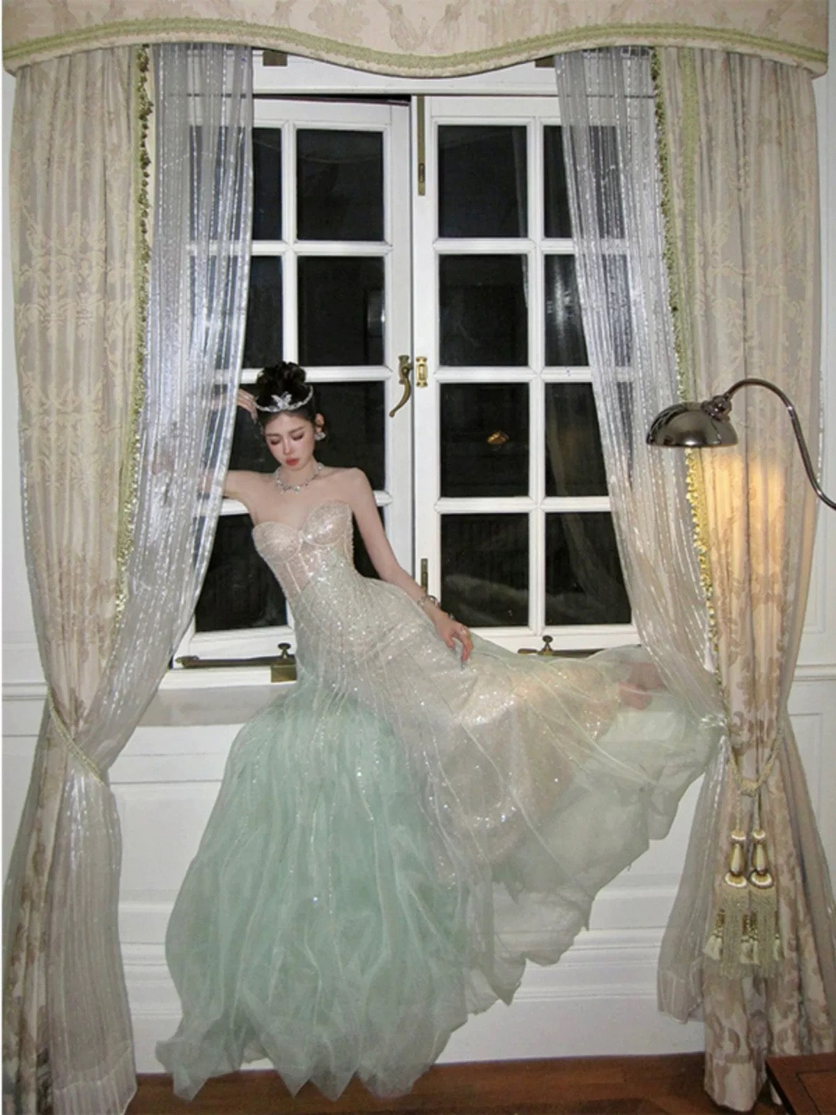 Strapless A Line Tulle Prom Dress Green Formal Evening Dresses J6160