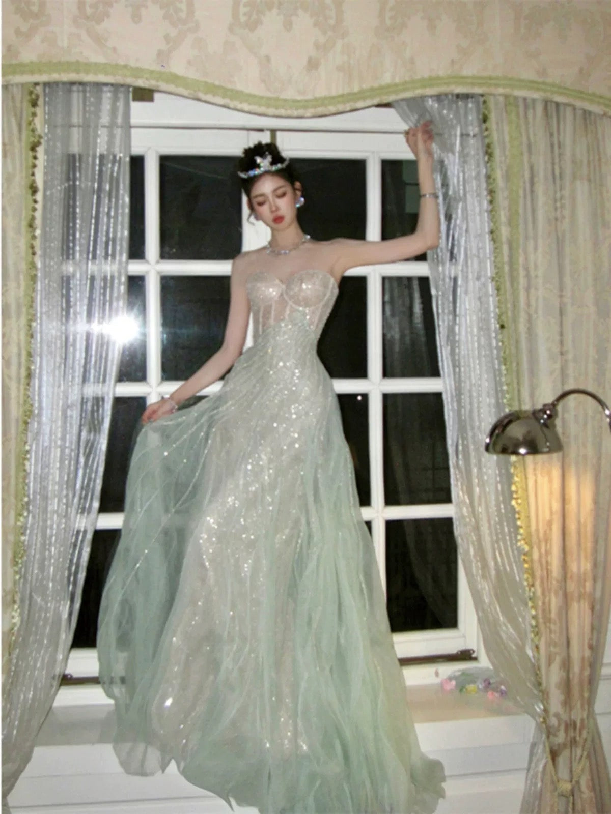 Strapless A Line Tulle Prom Dress Green Formal Evening Dresses J6160
