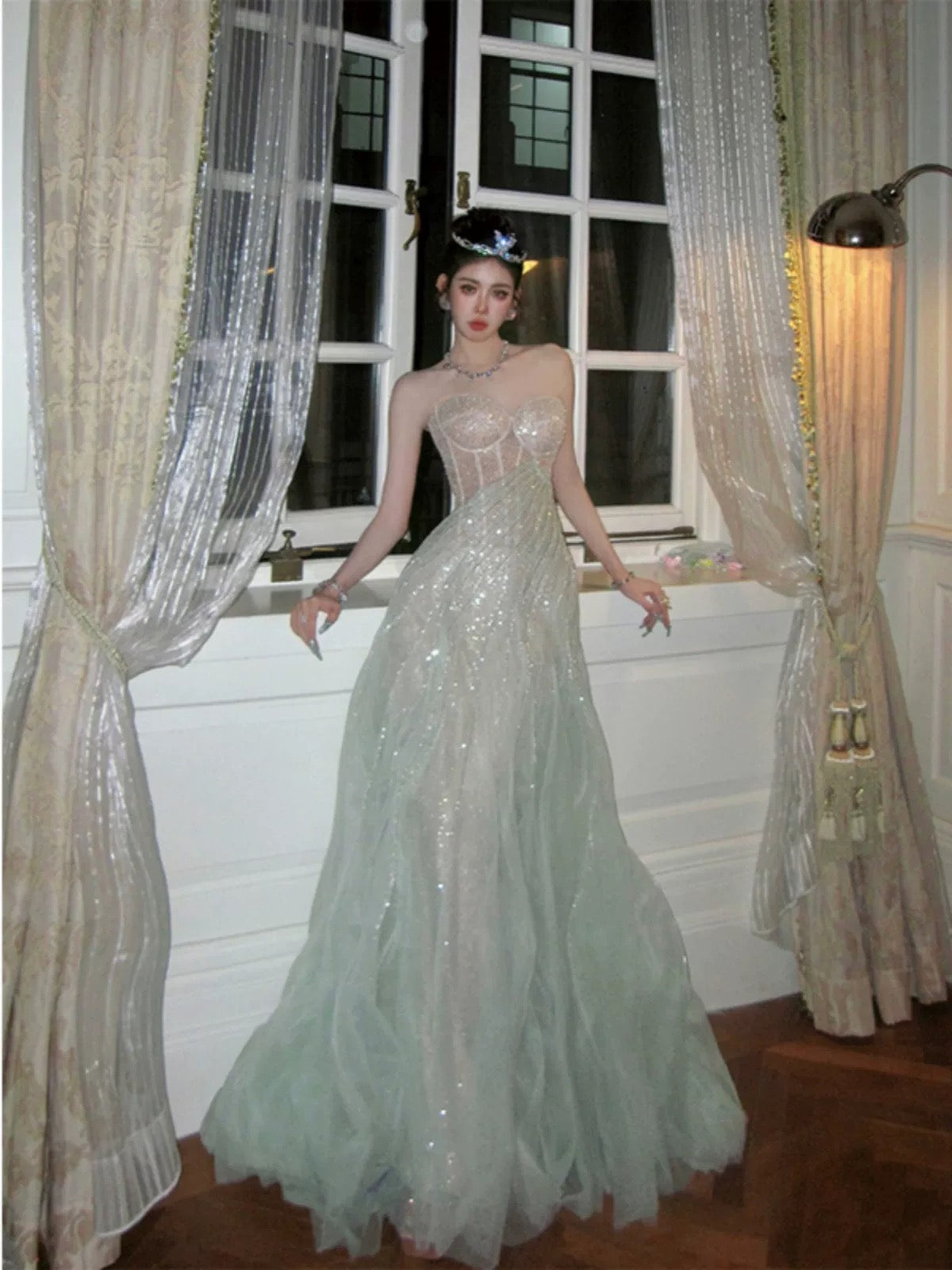 Strapless A Line Tulle Prom Dress Green Formal Evening Dresses J6160