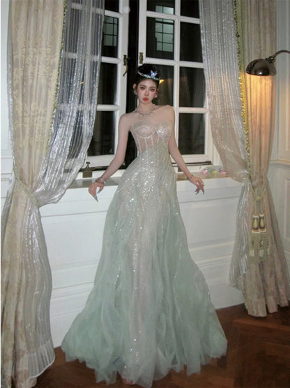 Strapless A Line Tulle Prom Dress Green Formal Evening Dresses J6160
