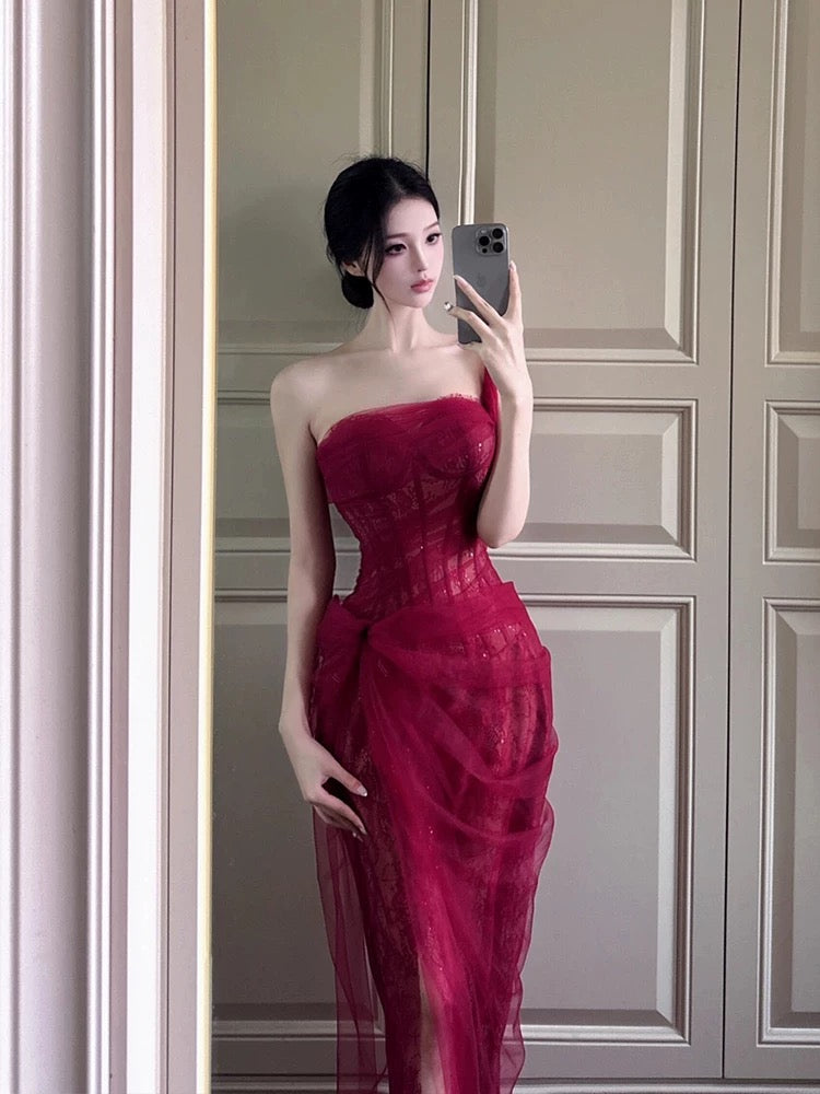 Rotes Spitzen-Tüll-Ballkleid, formelle Abendkleider J6161