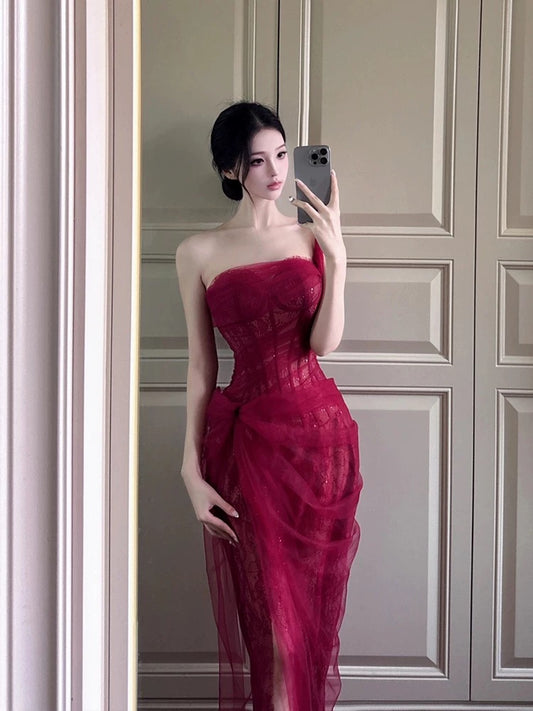 Red Lace Tulle Prom Dress Formal Evening Dresses J6161