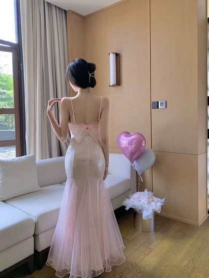 Spaghettiträger Rosa Pailletten Meerjungfrau Ballkleid Abendkleider J6162