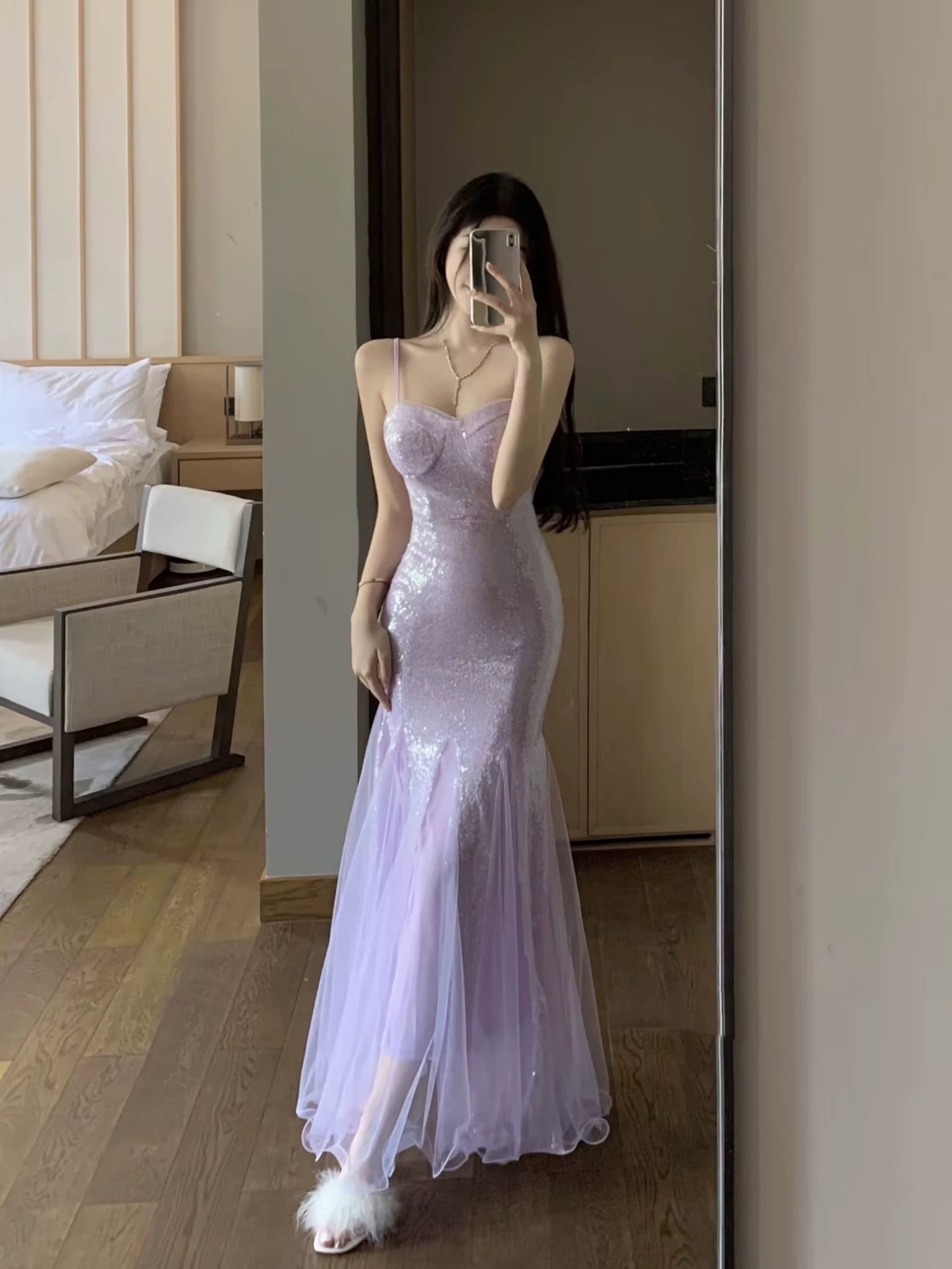 Spaghettiträger Rosa Pailletten Meerjungfrau Ballkleid Abendkleider J6162
