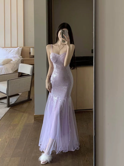 Spaghettiträger Rosa Pailletten Meerjungfrau Ballkleid Abendkleider J6162