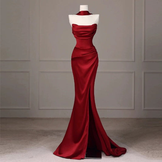 Robe de soirée sirène rouge longue en satin J6165