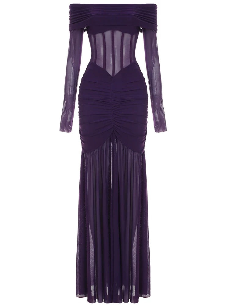 Robe de soirée sirène violette à épaules dénudées J6166
