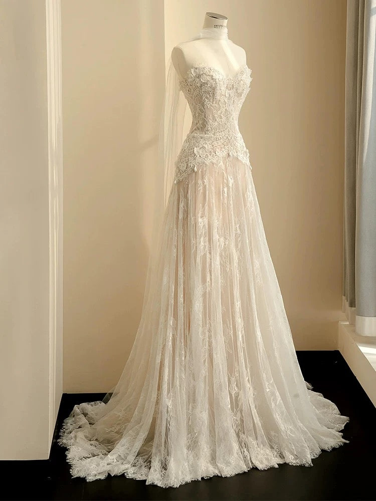 Sweetheart Lace A Line Wedding Dress Ivory Wedding Gown J6167