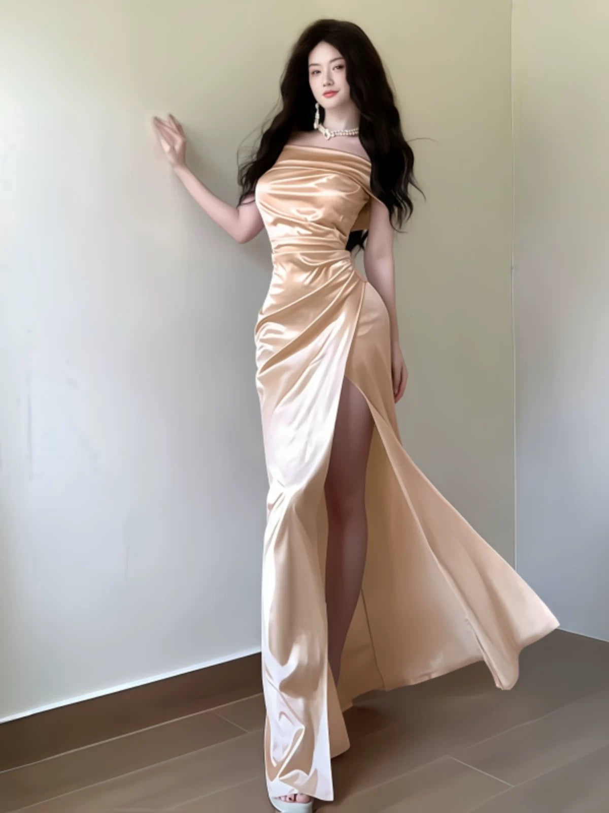 Schulterfreies Meerjungfrau-Ballkleid mit Schlitz, elegantes Abendkleid J6169