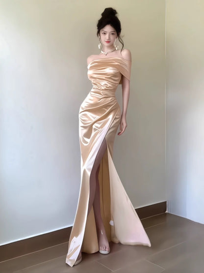 Schulterfreies Meerjungfrau-Ballkleid mit Schlitz, elegantes Abendkleid J6169