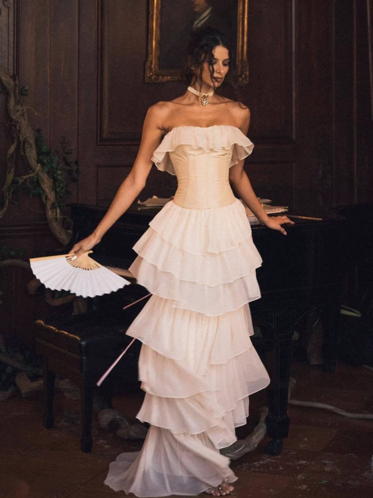 Robe de bal longue bustier en mousseline à volants, tenue de soirée formelle J6171