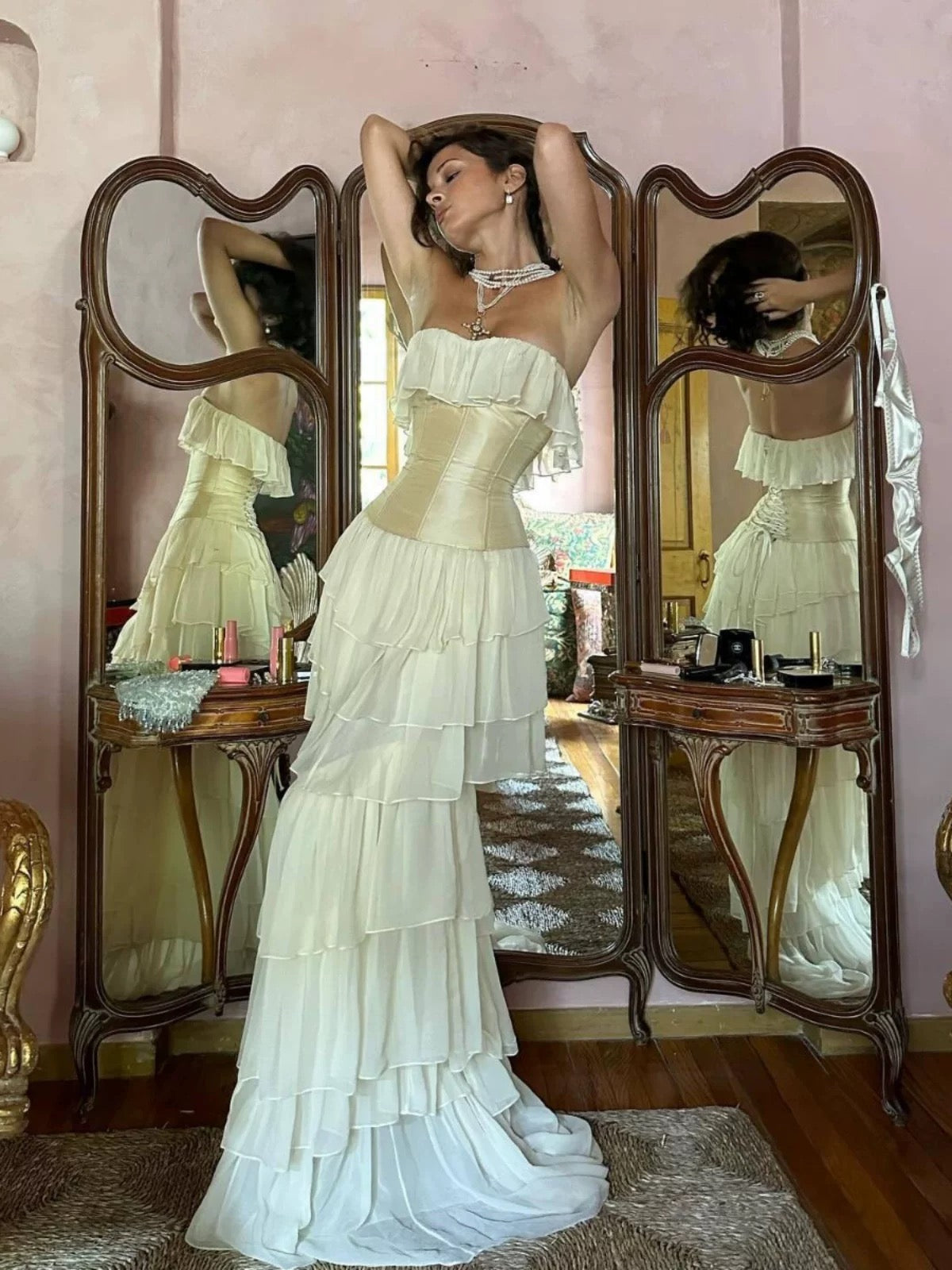 Robe de bal longue bustier en mousseline à volants, tenue de soirée formelle J6171