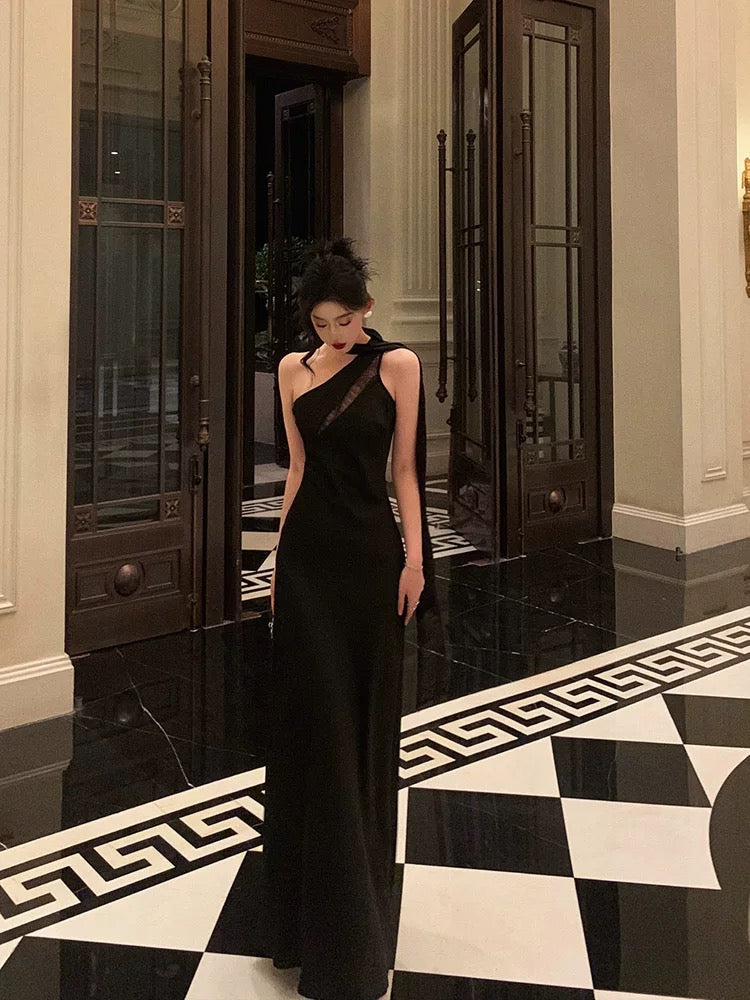 Robe de soirée noire asymétrique, robe de bal formelle J6181