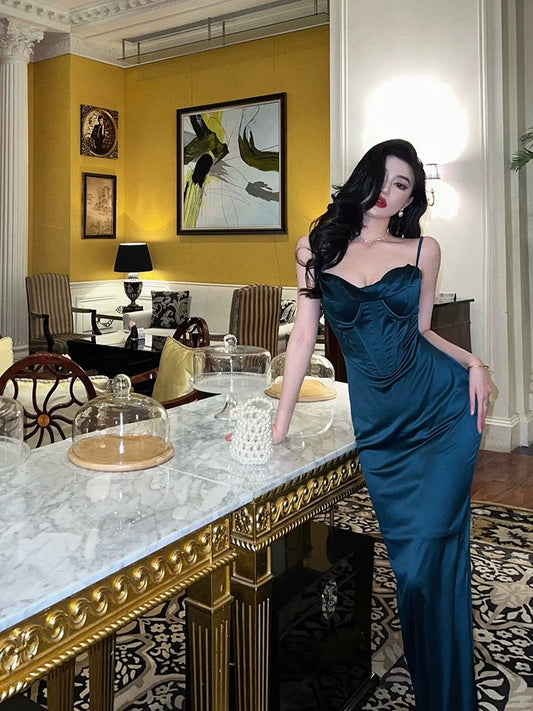 Robe de soirée fourreau bleue à bretelles spaghetti, robe de bal formelle J6183