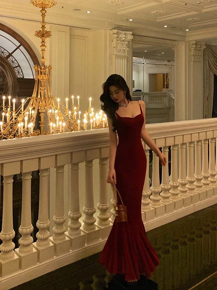 Burgunderrotes Meerjungfrau-Abendkleid, formelles Ballkleid J6184