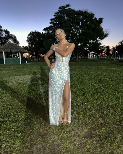 Spaghettiträger Pailletten Schlitz Ballkleid Formelle Partykleid J6188