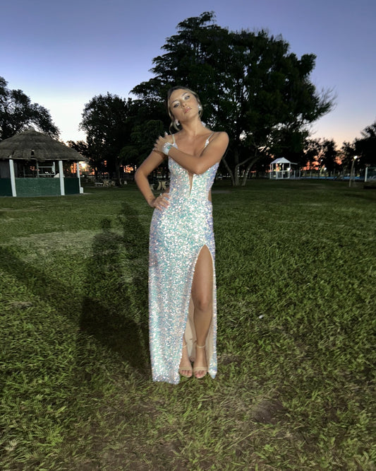 Spaghettiträger Pailletten Schlitz Ballkleid Formelle Partykleid J6188