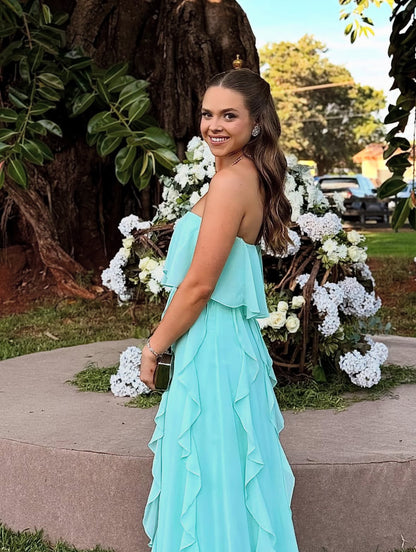 Strapless Ruffle Prom Dress Chiffon Formal Wedding Guest Dress J7039