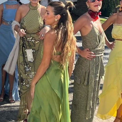 Robe de soirée verte à volants et fente pour invités de mariage J6192