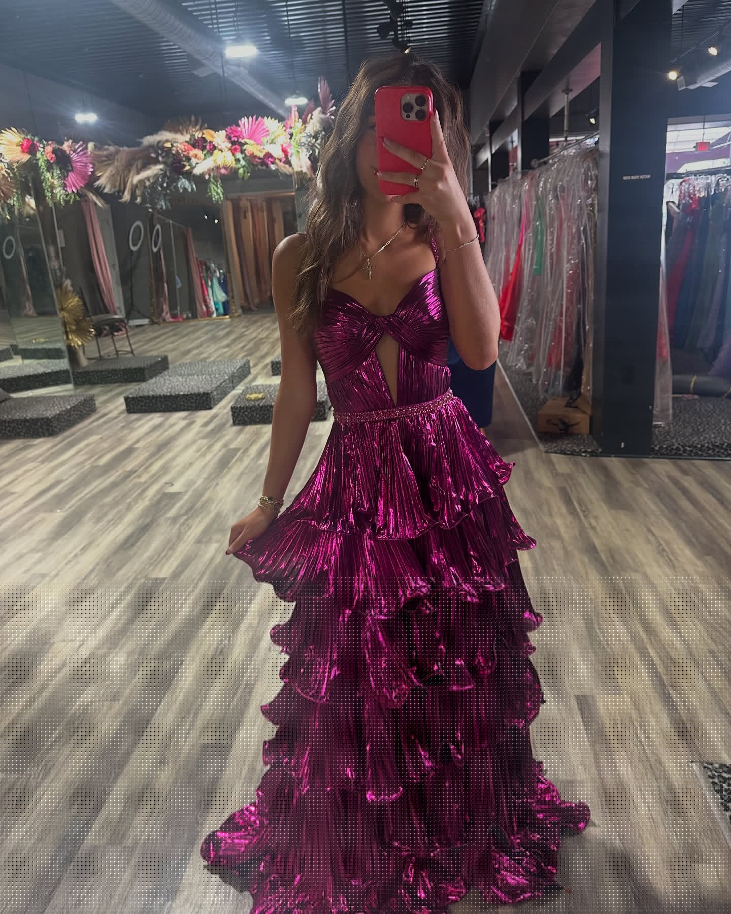 Fuchsia A-Linie Plissee Rüschen Ballkleid Formelles Abendkleid J6194